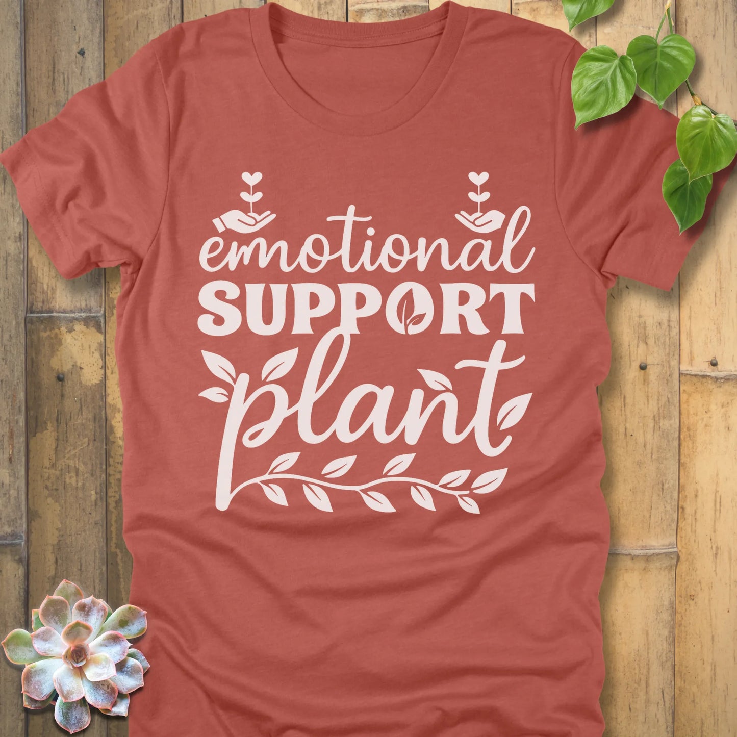 Heather Clay t-shirt featuring the design Emotional Support printed in bold white letters, casual mental health shirt.