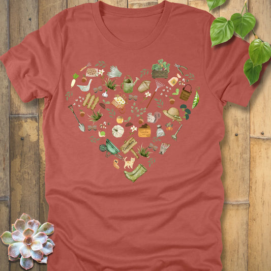 Heather Clay t-shirt featuring the design Gardening Loveheart printed in heart shape with tools, plant lover shirt.
