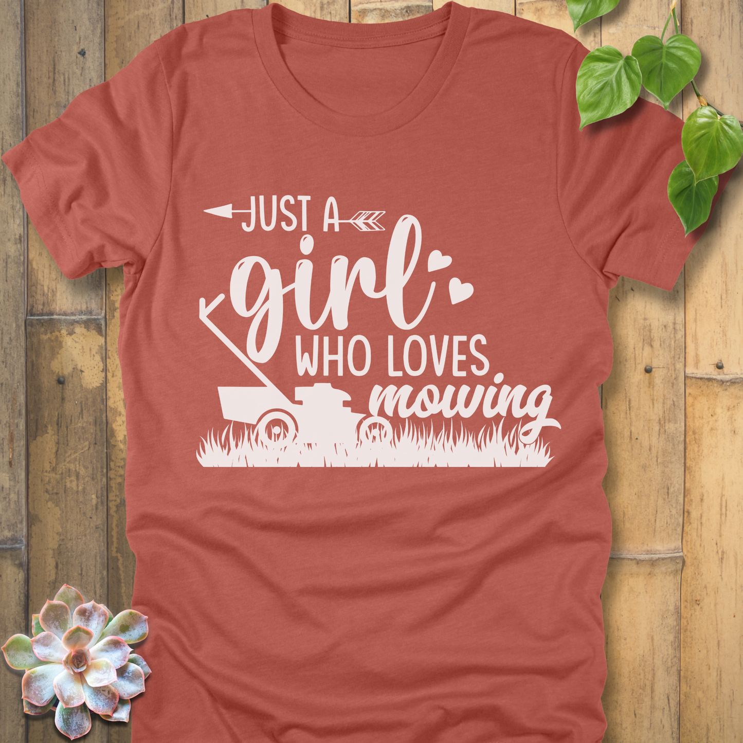 Heather Clay t-shirt featuring the design Just a girl who loves mowing printed with a lawn mower graphic.