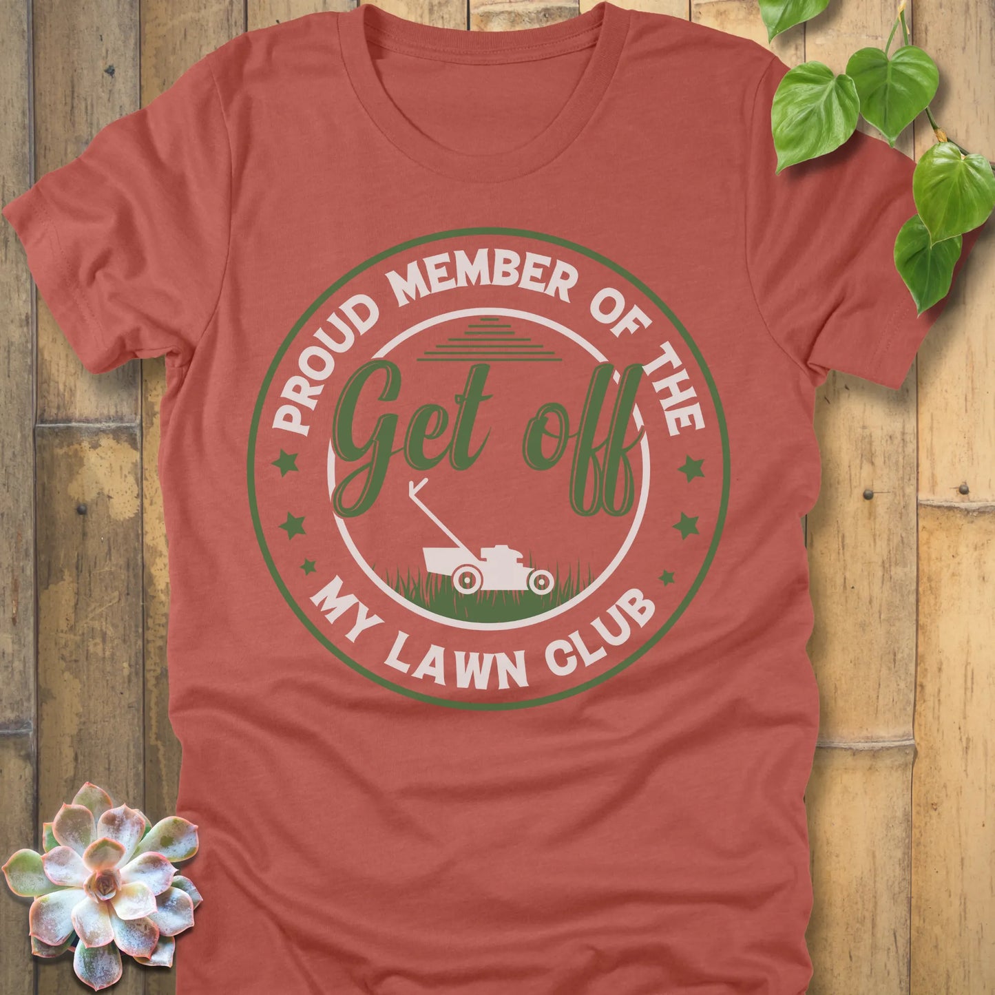 Heather Clay t-shirt featuring the design My Lawn Club printed in bold letters, casual lawn care shirt.