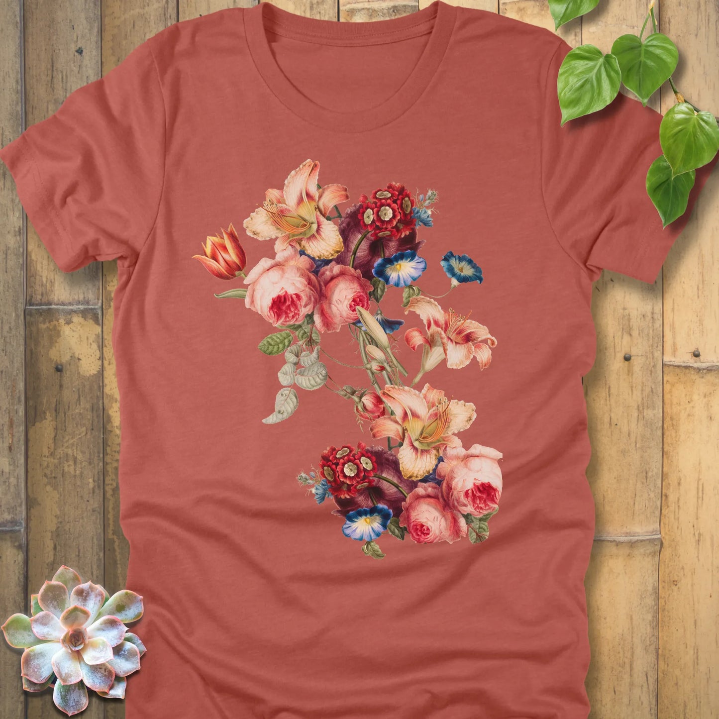 Heather Clay t-shirt featuring the design Victorian Bloom printed in soft floral colours, vintage flower graphic tee.