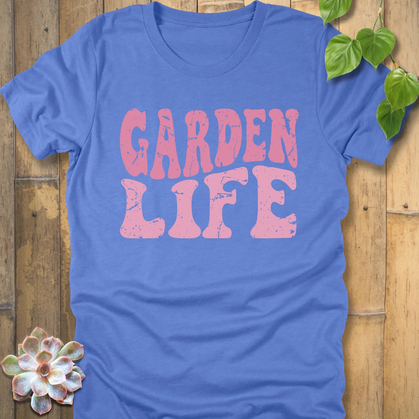 Heather Colombia Blue t-shirt featuring the Garden Life graphic tee design in bold pink letters, casual graphic shirt