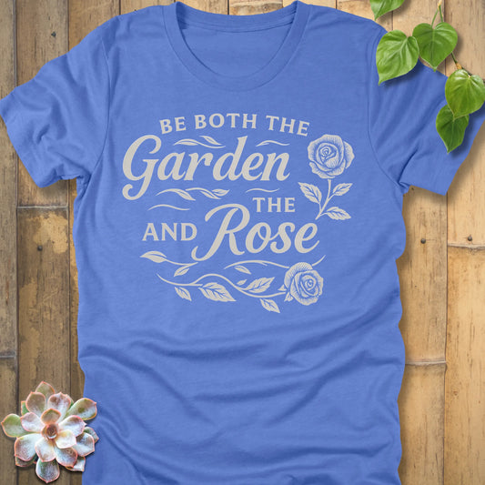 Heather Colombia Blue t-shirt featuring the design Garden and the Rose printed in bold letters, floral gardening shirt.