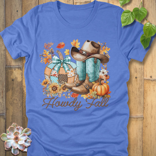 Heather Colombia Blue t-shirt featuring the design Howdy Fall with flowers, boots and hats