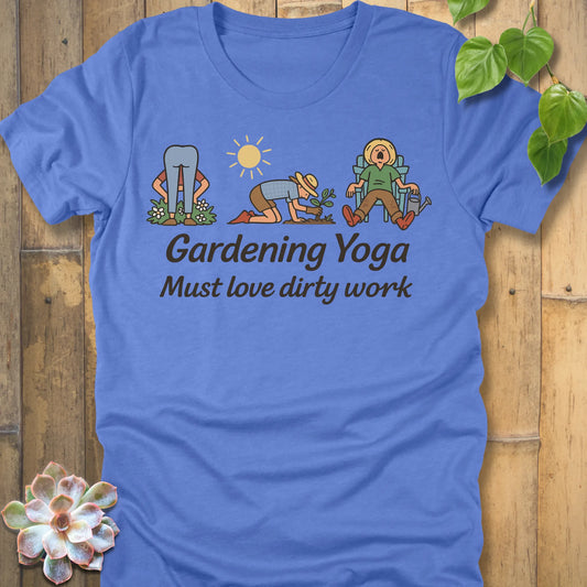 Heather Columbia Blue t-shirt featuring the design Gardening Yoga printed funny plant lover and a gardener shirt
