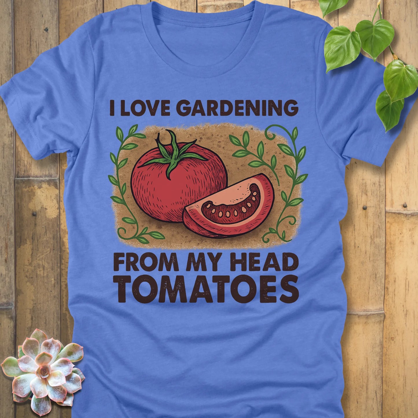 Heather Columbia Blue t-shirt featuring the design I Love Gardening printed in bold letters, perfect plant lover shirt
