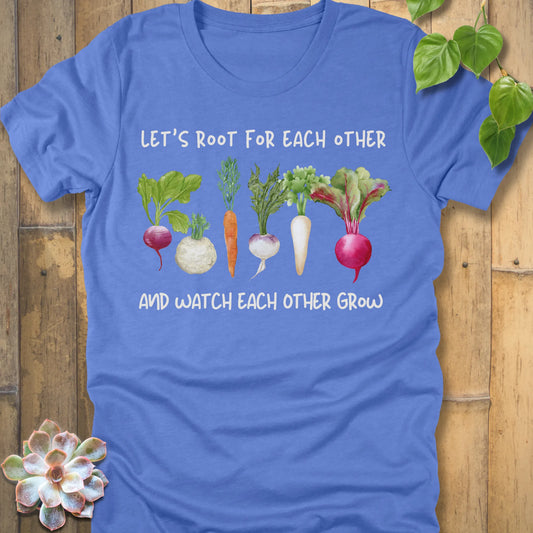 Heather Columbia Blue t-shirt featuring the design Let’s Root printed in bold letters and a vegetables, casual gardening shirt.