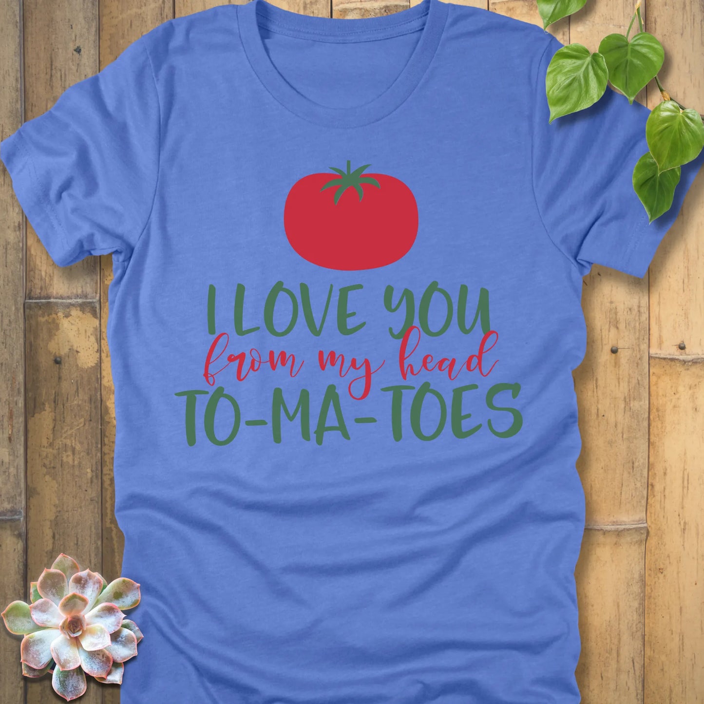Heather Columbia Blue t-shirt featuring the design My Head To-Ma-Toes printed in bold letters, funny tomato gardening shirt.
