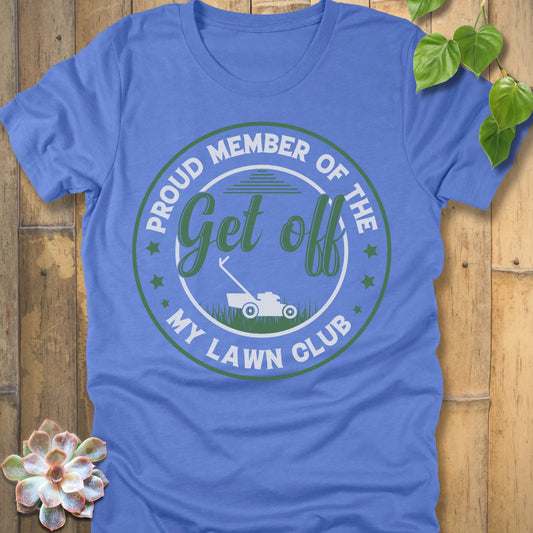 Heather Columbia Blue t-shirt featuring the design My Lawn Club printed in bold letters, casual lawn care shirt.