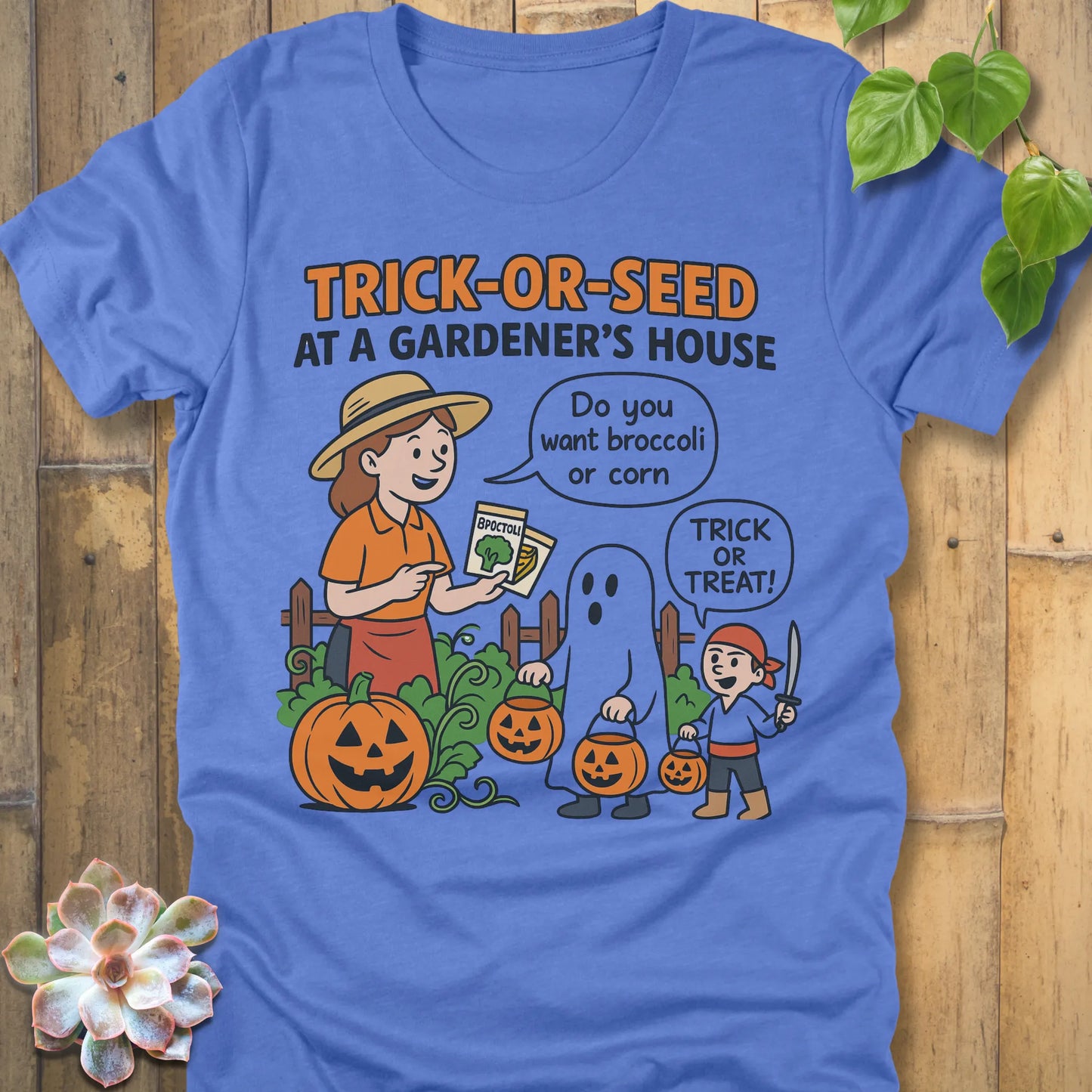 Heather Columbia Blue t-shirt featuring the design Trick Or Seed printed in funny Halloween gardening shirt.
