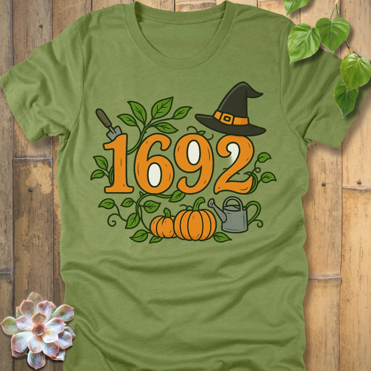 Heather Green t-shirt featuring the design 1692 Halloween printed in spooky witch design shirt.