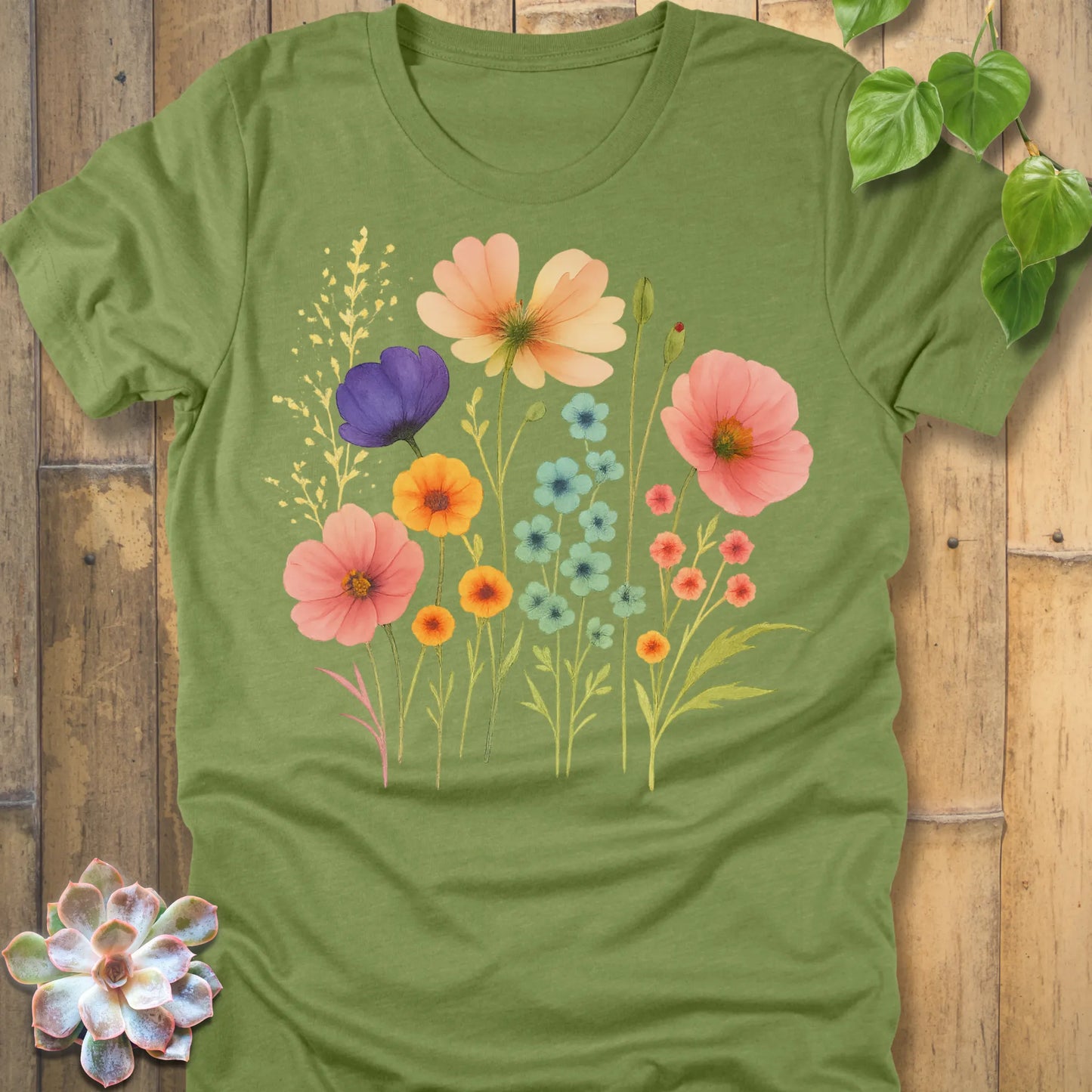 Heather Green t-shirt featuring the design Beautiful Day printed in flower graphic design, casual graphic tee.