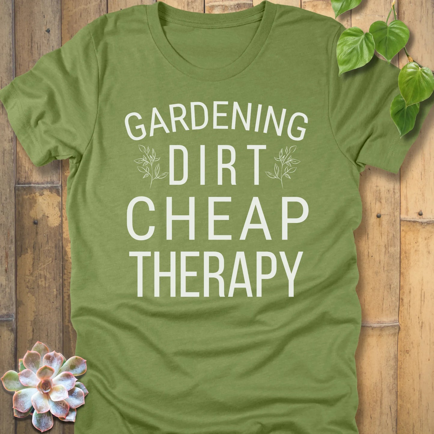 Heather Green t-shirt featuring the design Cheap Therapy printed in bold white letters