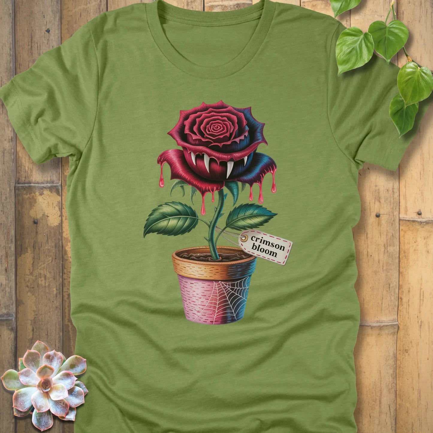 Heather Green t-shirt featuring the design Crimson Bloom printed with Halloween Rose 