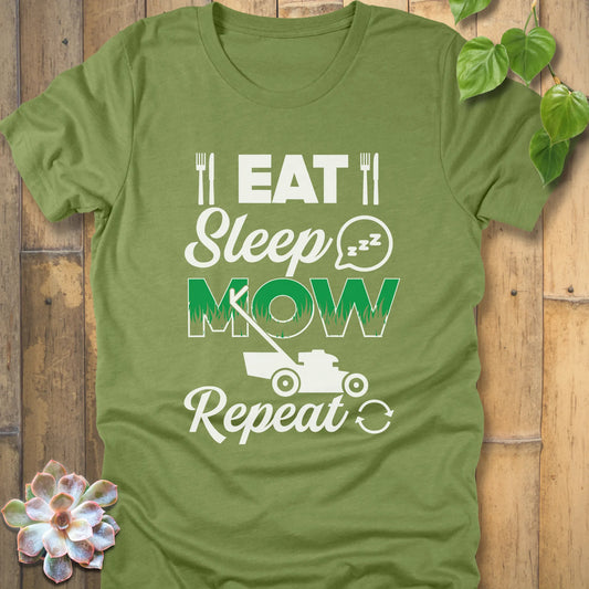 Heather Green t-shirt featuring the design Eat, Sleep, Mow, Repeat printed with a lawn mower