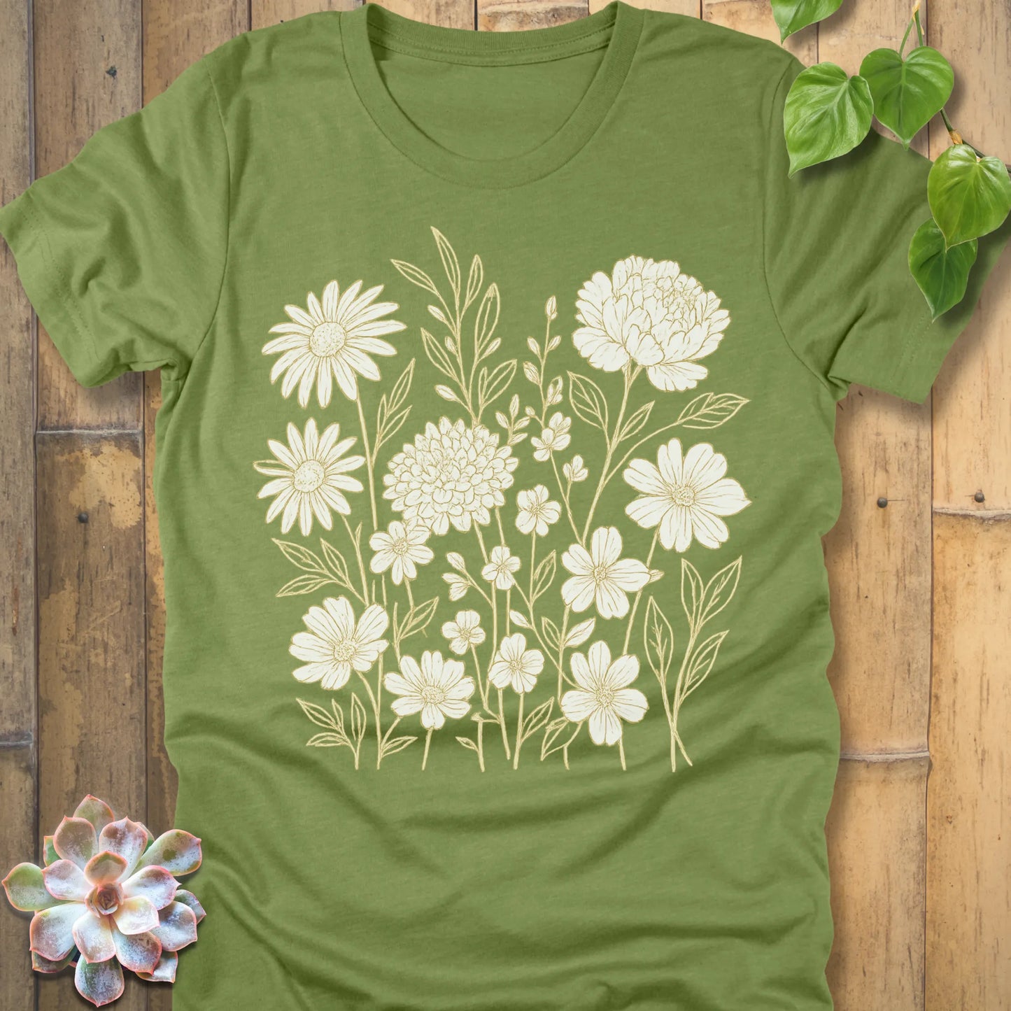 Heather Green t-shirt featuring the design Eternal Flowers printed floral graphic tee.