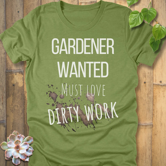 Heather Green t-shirt featuring the design Gardener Wanted printed in bold letters, funny gardening shirt.