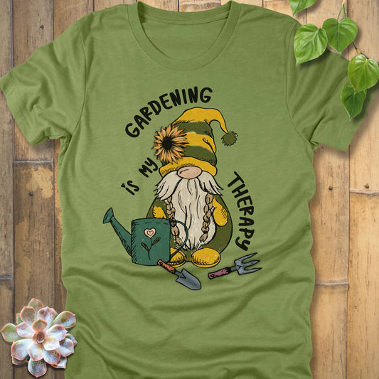 Heather Green t-shirt featuring the design Gardening Is My Therapy printed in bold letters, funny gardening shirt.