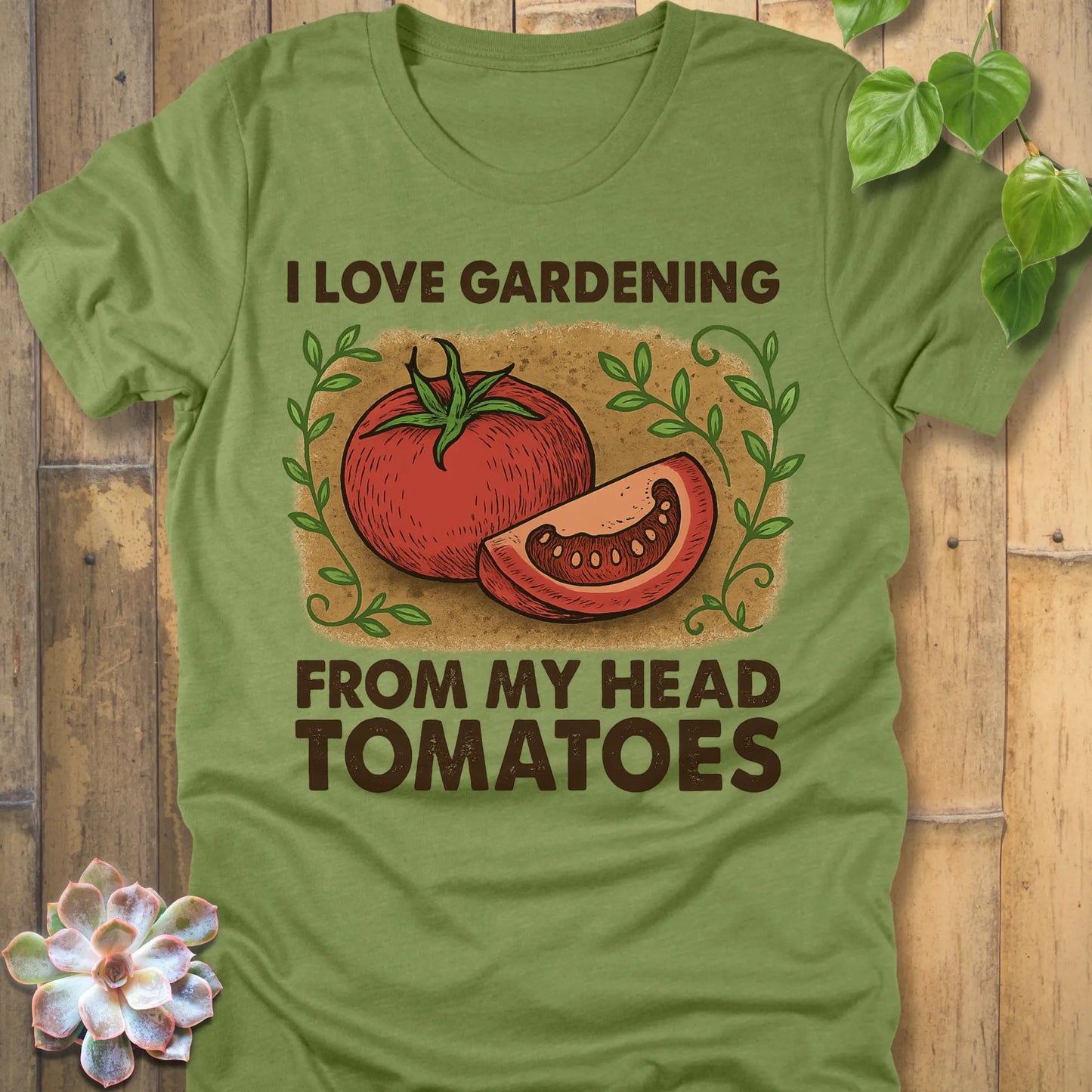 Heather Green t-shirt featuring the design I Love Gardening printed in bold letters, perfect plant lover shirt