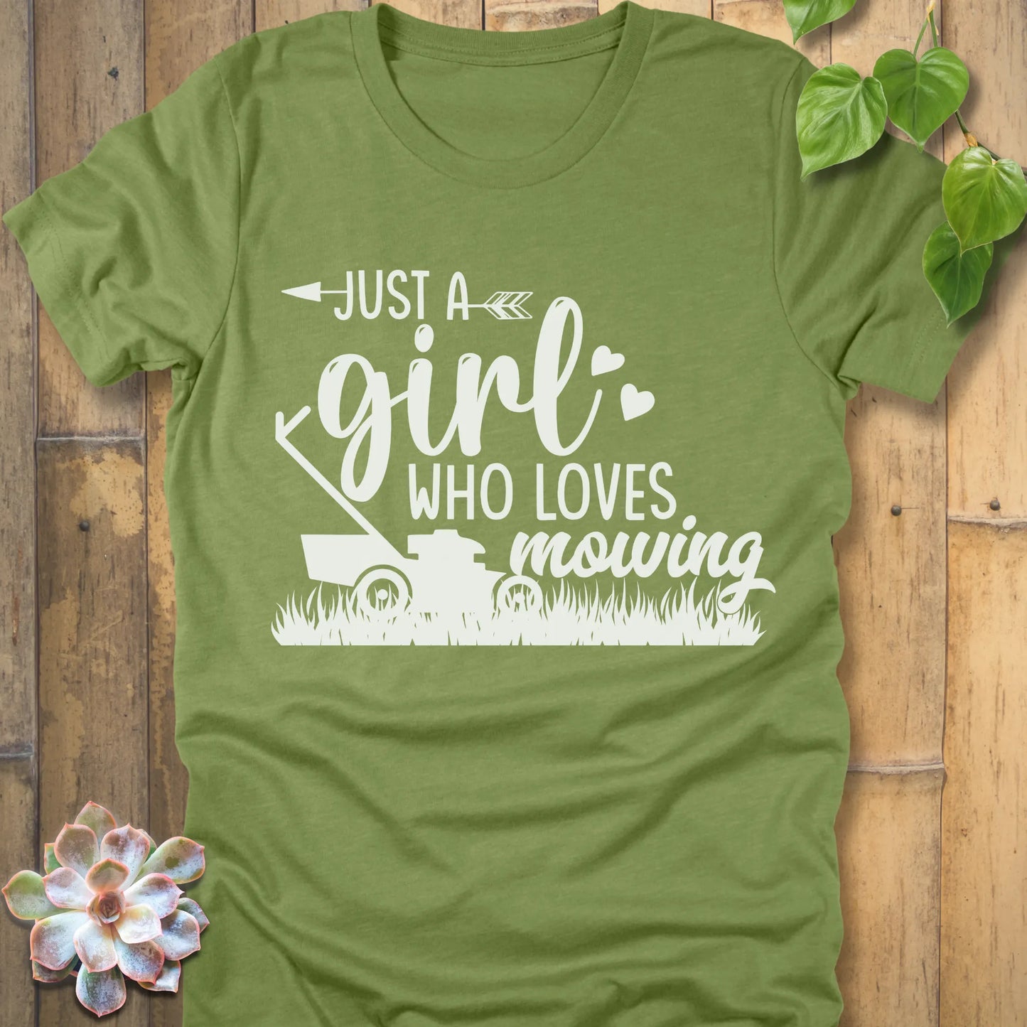 Heather Green t-shirt featuring the design Just a girl who loves mowing printed with a lawn mower graphic.