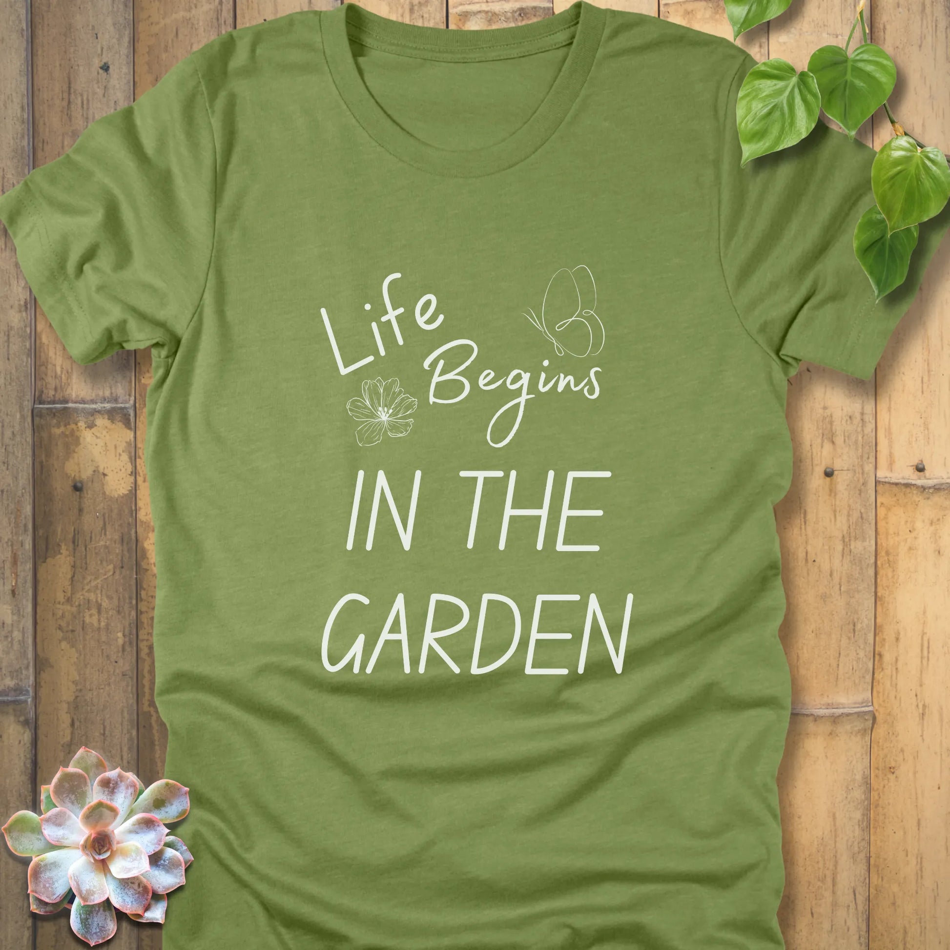 Heather Green t-shirt featuring the design Life begin's in the garden, eco-friendly gardening t-shirt.