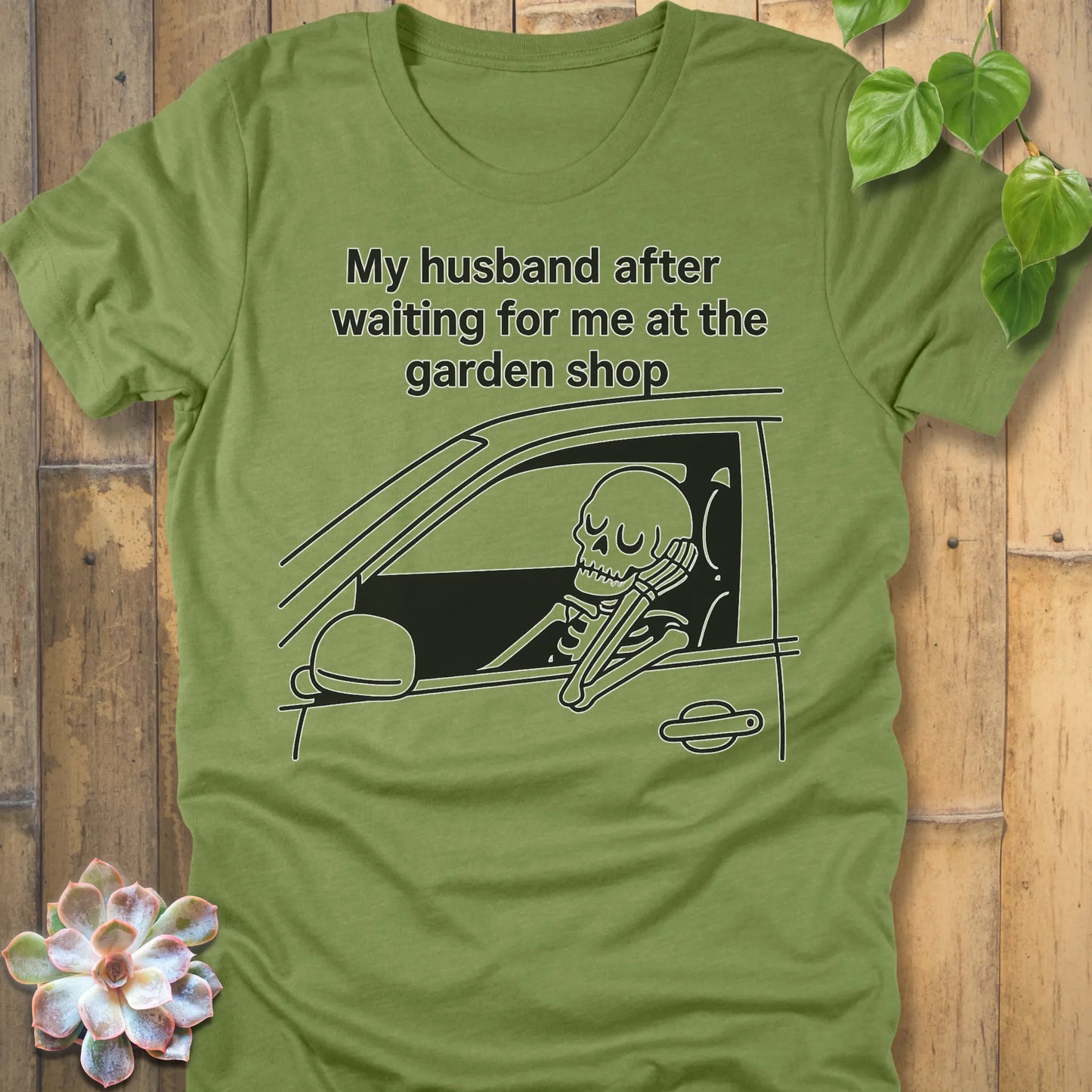 Heather Green t-shirt featuring the design My Husband printed funny skeleton graphic shirt