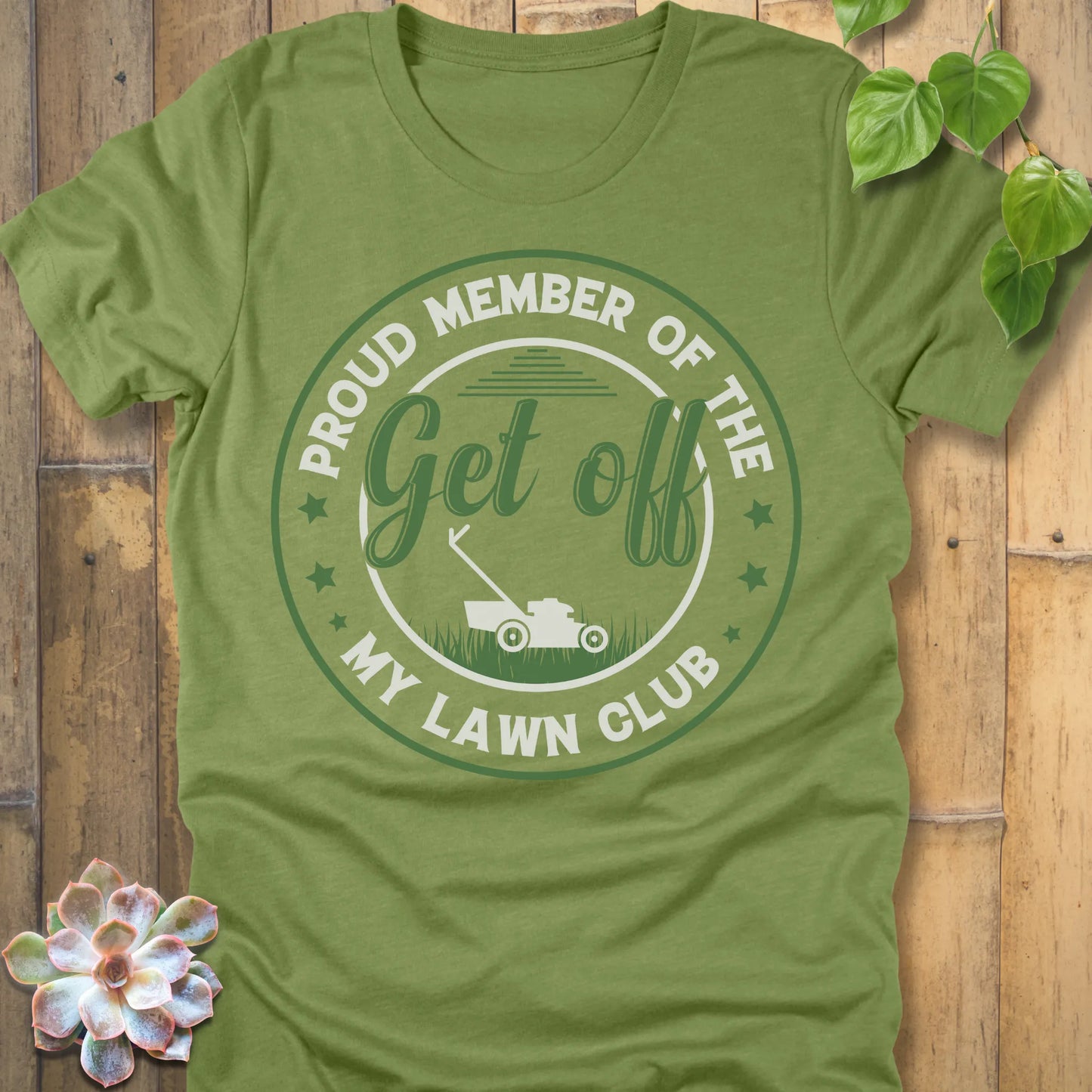 Heather Green t-shirt featuring the design My Lawn Club printed in bold letters, casual lawn care shirt.