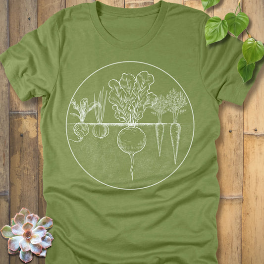 Heather Green t-shirt featuring the design Rooted Vegetables printed in white design, organic vegetable shirt.