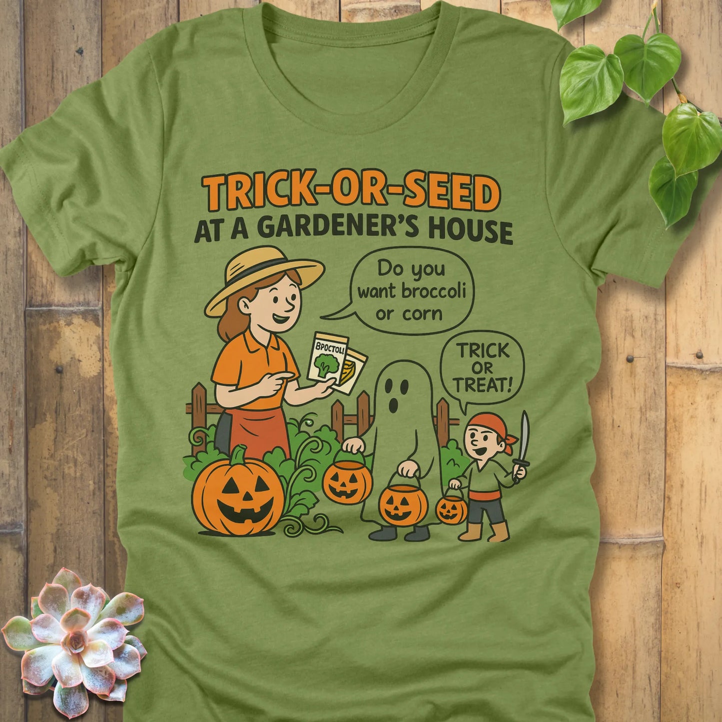 Heather Green t-shirt featuring the design Trick Or Seed printed in funny Halloween gardening shirt.