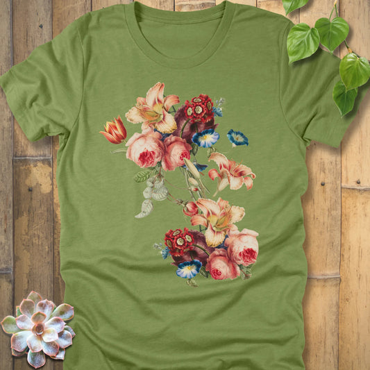Heather Green t-shirt featuring the design Victorian Bloom printed in soft floral colours, vintage flower graphic tee.