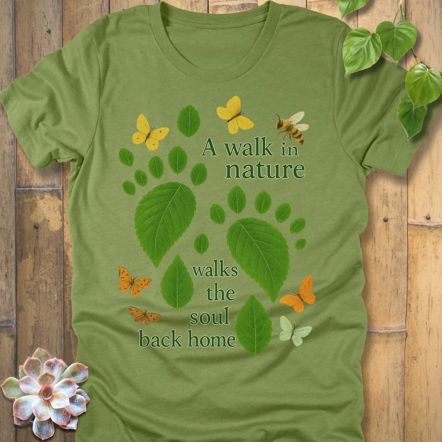 Heather Green t-shirt featuring the design Walk In Nature printed natures design, outdoor adventure shirt.