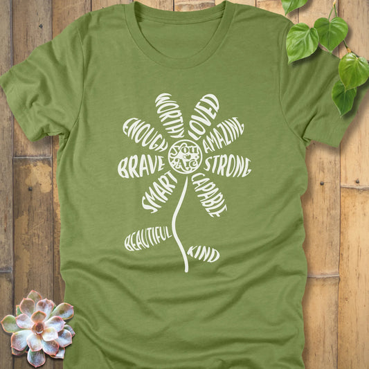 Heather Green t-shirt featuring the design You Are with a sunflower and text print floral graphic t-shirt