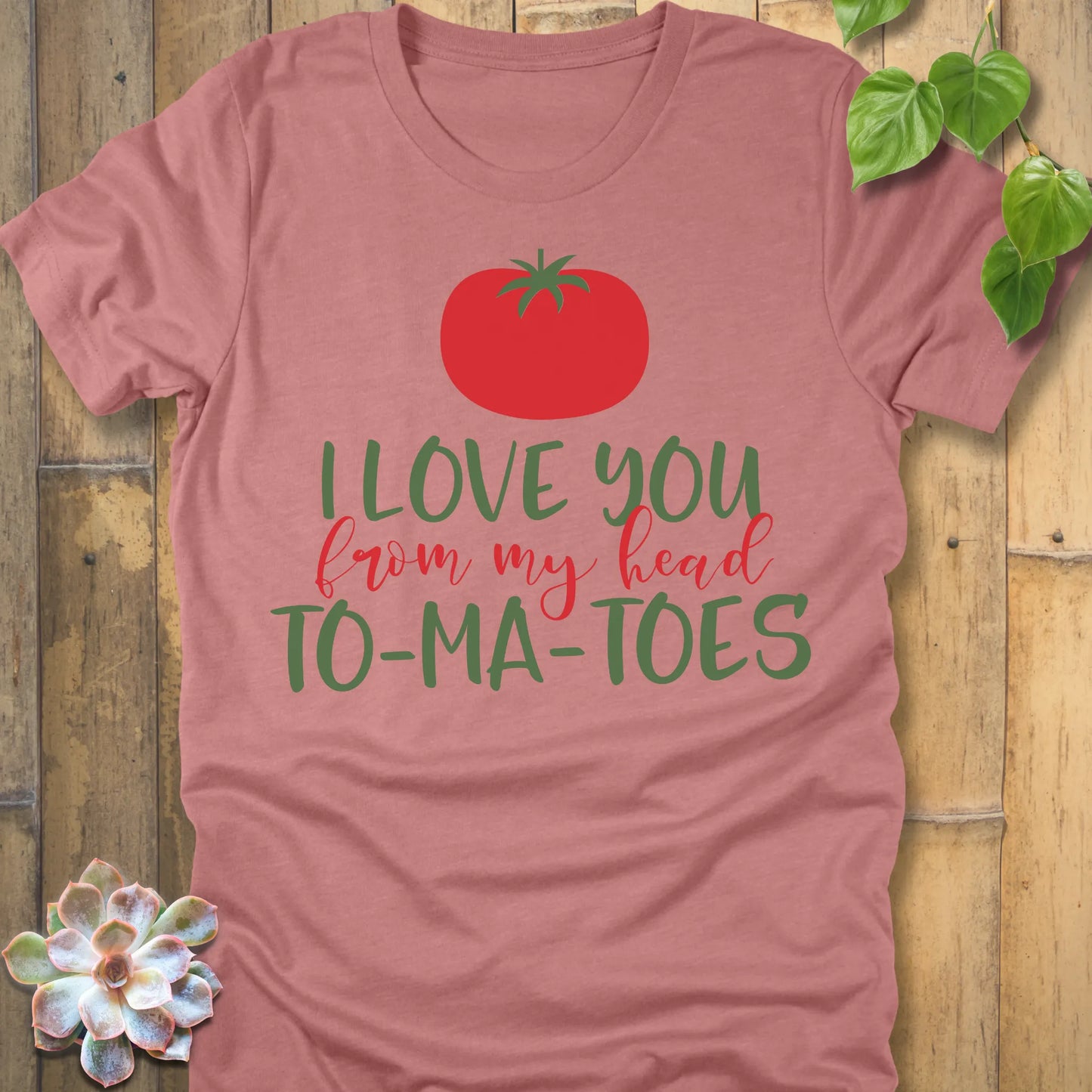 Heather Mauve design My Head To-Ma-Toes printed in bold letters, funny tomato gardening shirt.