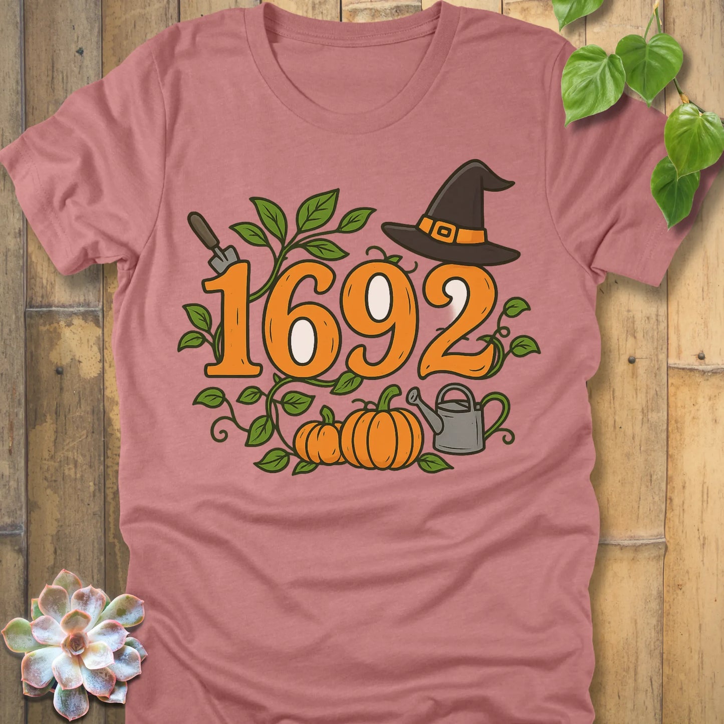 Heather Mauve t-shirt featuring the design 1692 Halloween printed in spooky witch design shirt.