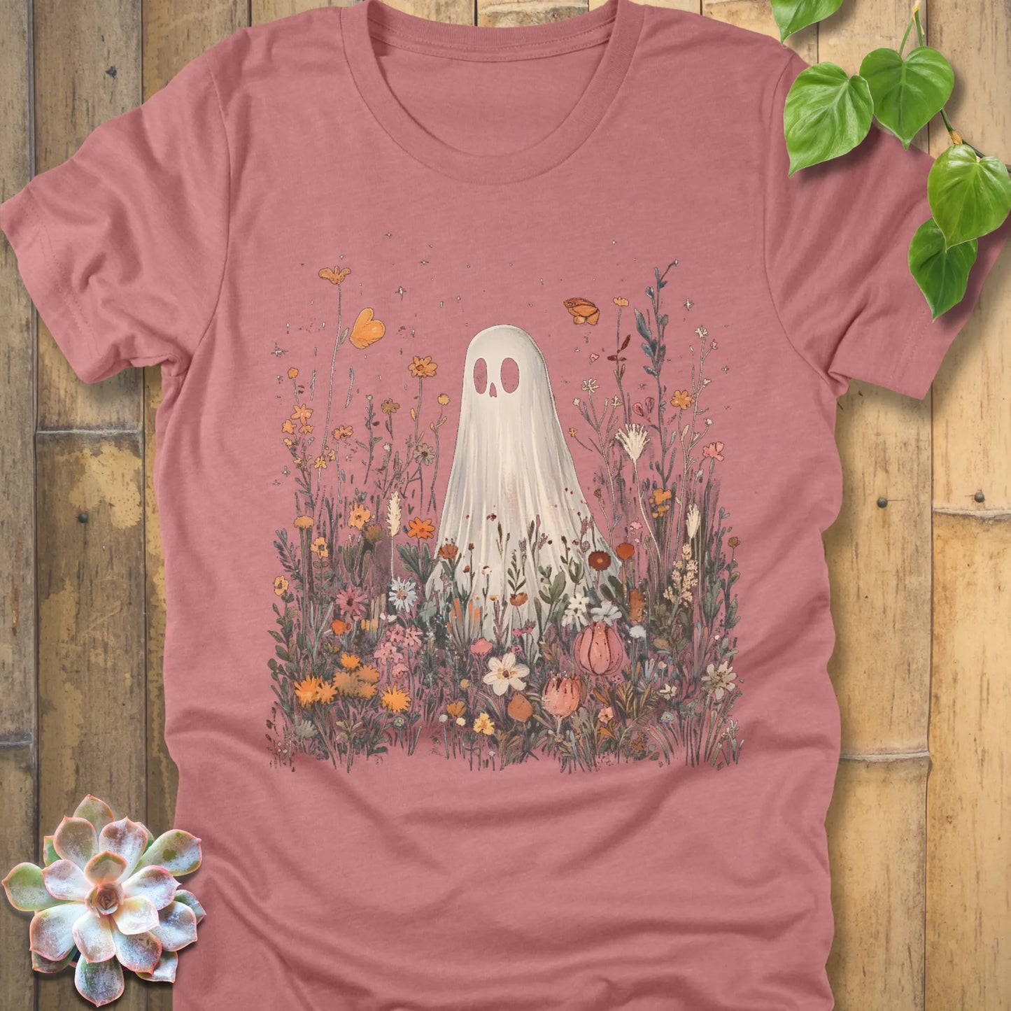 Heather Mauve t-shirt featuring the design Among the Wildflowers printed with a ghost in garden