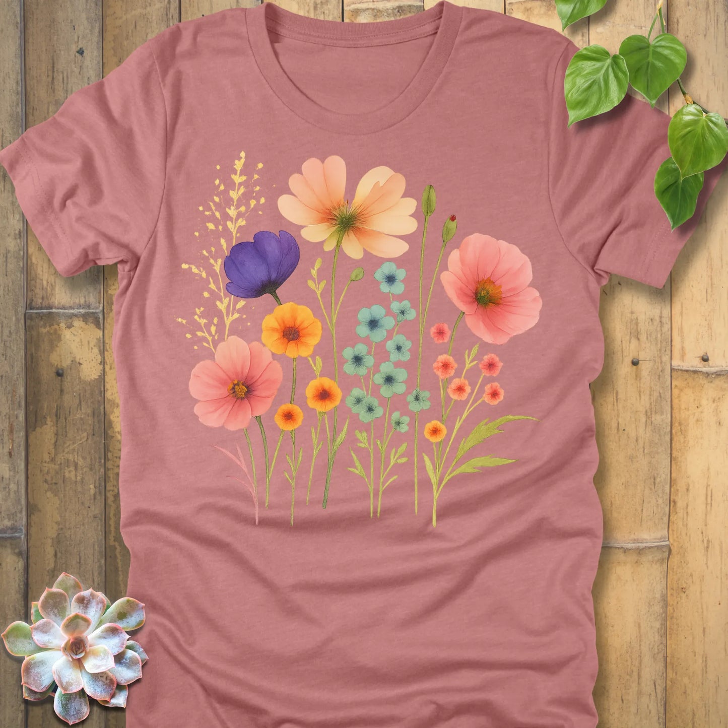 Heather Mauve t-shirt featuring the design Beautiful Day printed in flower graphic design, casual graphic tee.