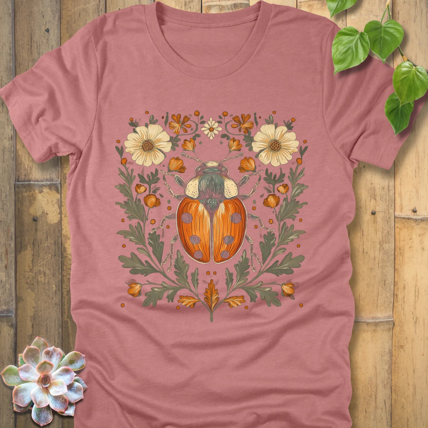 Heather Mauve t-shirt featuring the design Blossom Beetle printed with flowers and the beetle