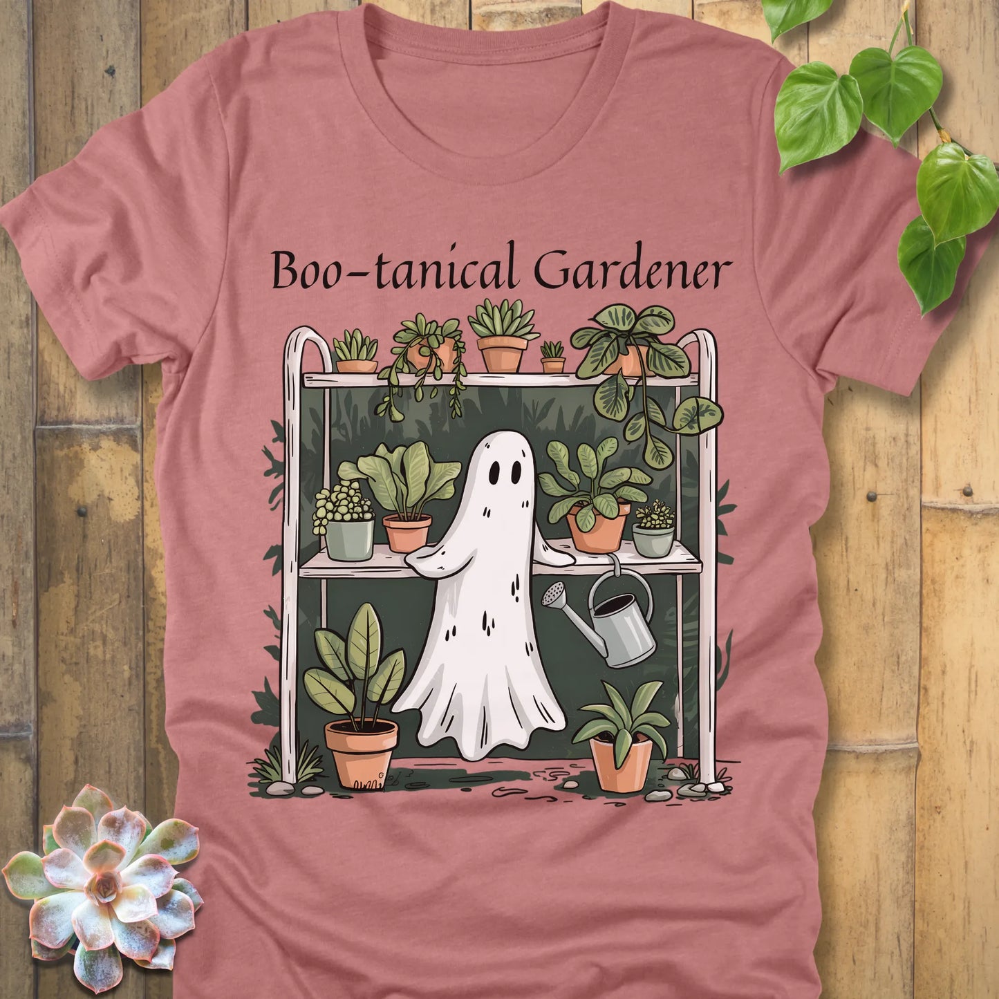 Heather Mauve t-shirt featuring the design Boo – tanical Gardener printed in black letters and a ghost in garden
