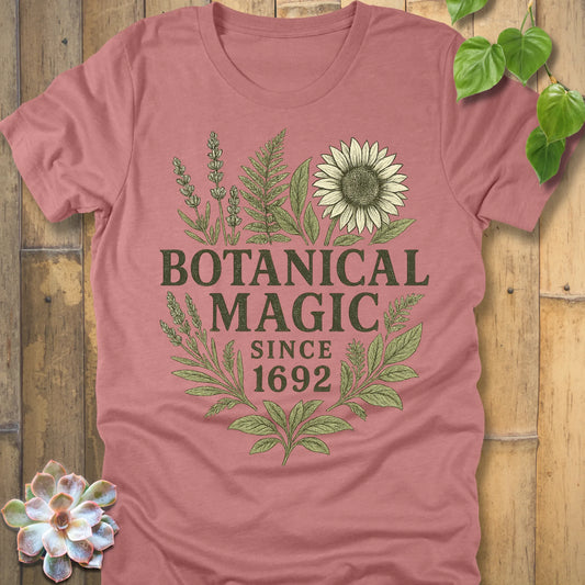 Heather Mauve t-shirt featuring the design Botanical Magic printed in bold letters, botanical garden shirt.