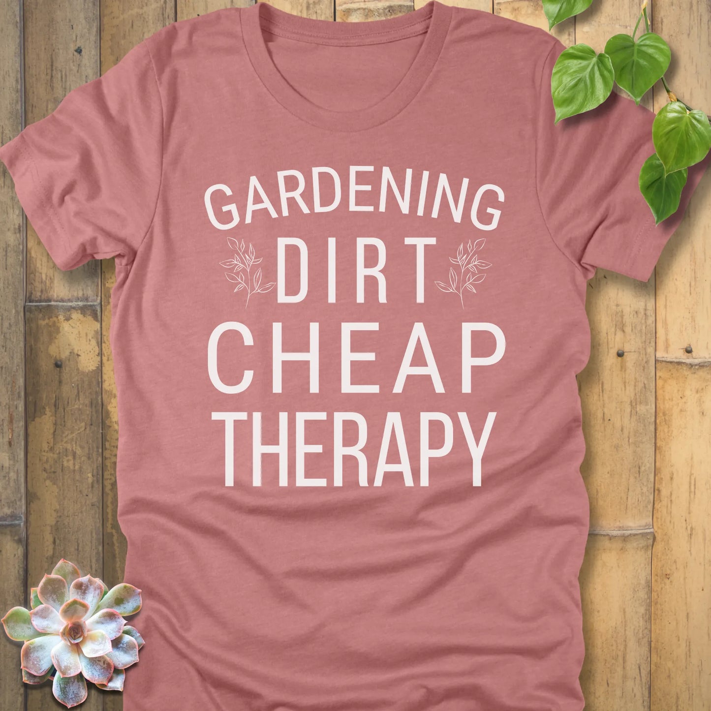 Heather Mauve t-shirt featuring the design Cheap Therapy printed in bold white letters