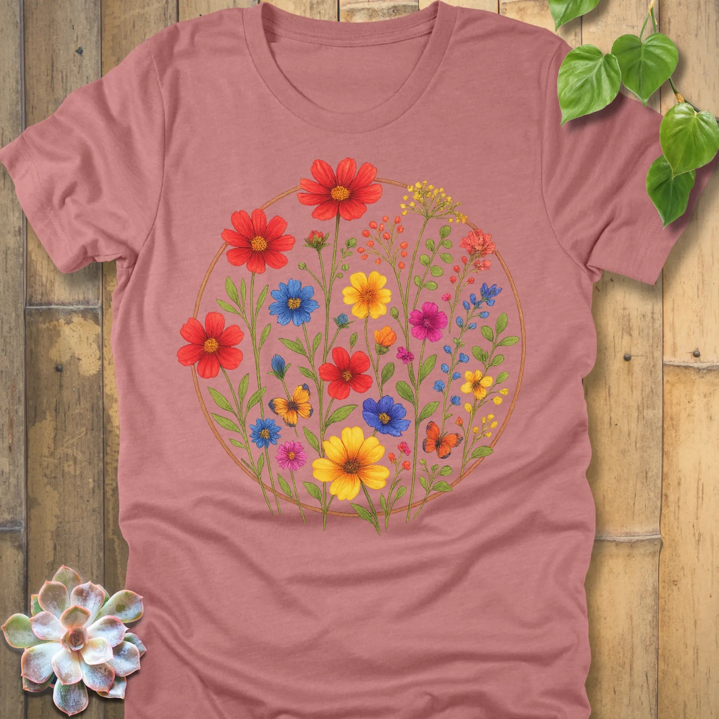 Heather Mauve t-shirt featuring the design Circle of Flowers printed in colourful floral artwork, casual garden shirt.
