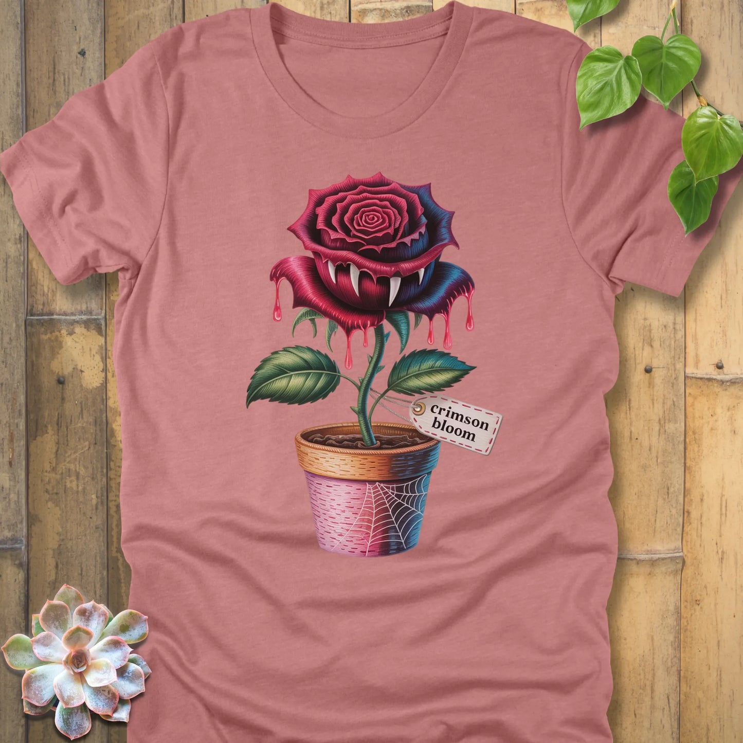 Heather Mauve t-shirt featuring the design Crimson Bloom printed with Halloween Rose 