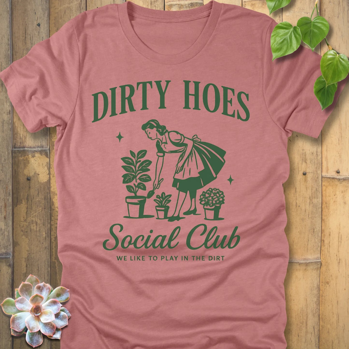 Heather Mauve t-shirt featuring the design Dirty Hoes printed in funny gardening shirt.