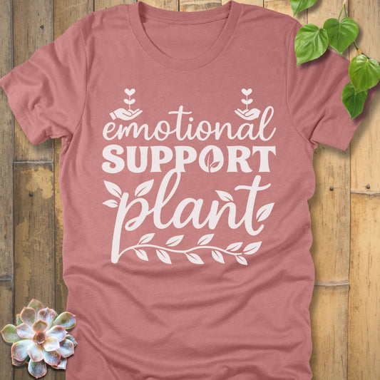 Heather Mauve t-shirt featuring the design Emotional Support printed in bold white letters, casual mental health shirt.