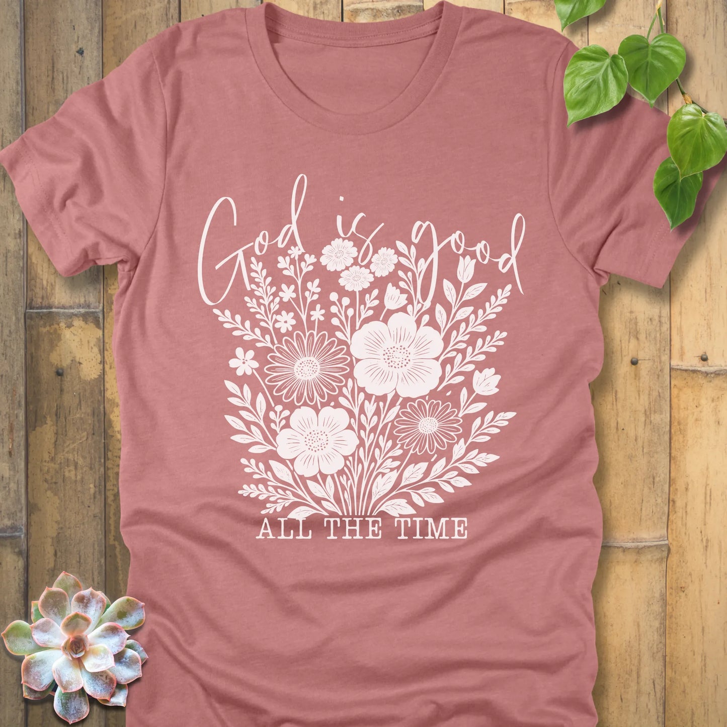 Heather Mauve t-shirt featuring the design God is Good printed with flowers in a soft floral style
