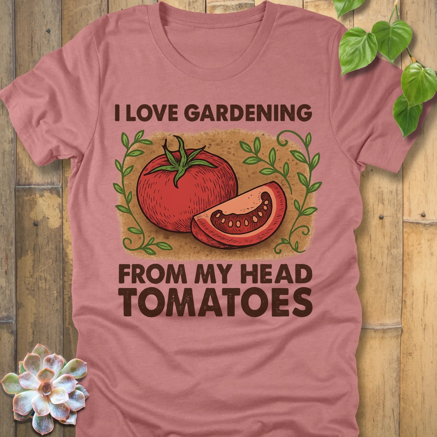 Heather Mauve t-shirt featuring the design I Love Gardening printed in bold letters, perfect plant lover shirt