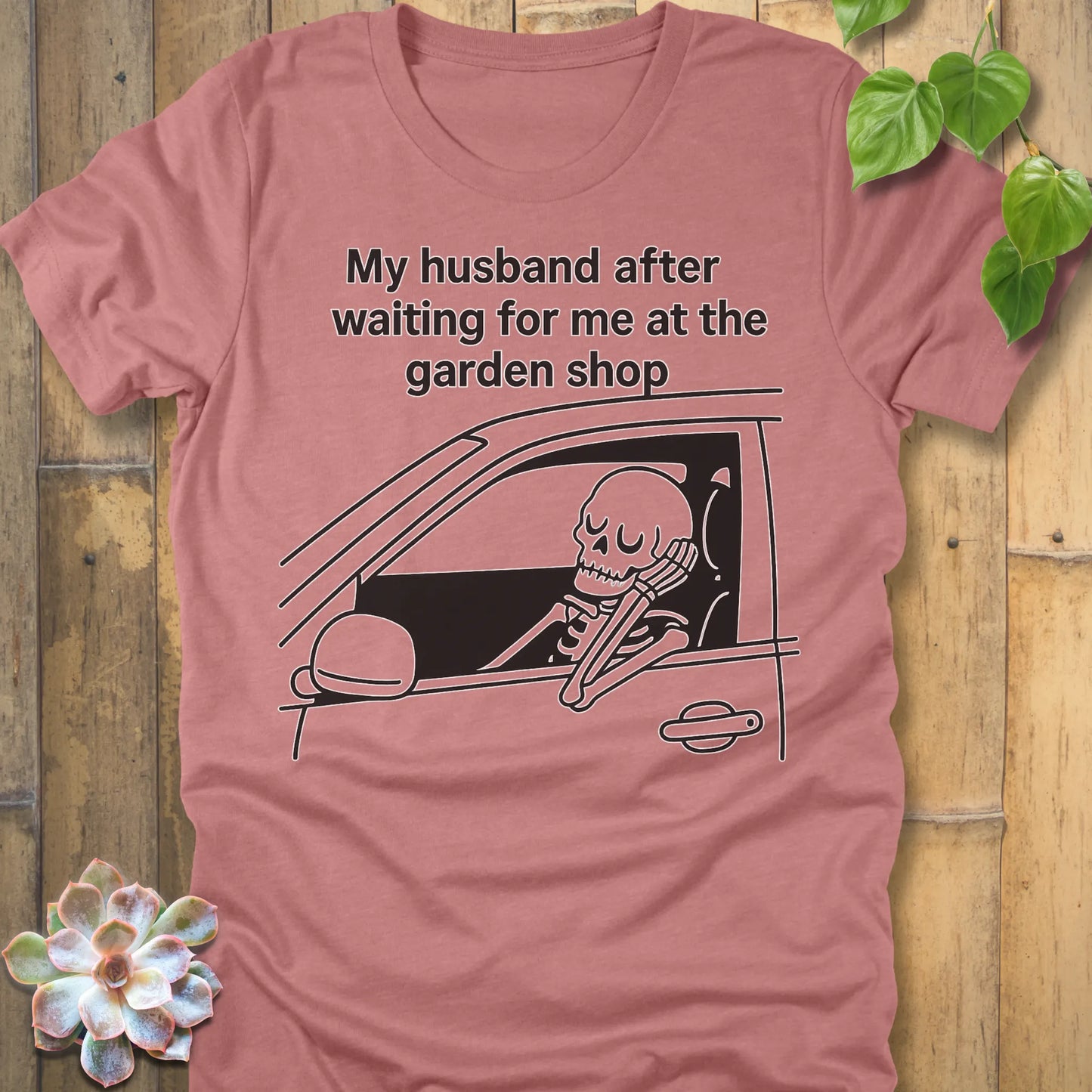 Heather Mauve t-shirt featuring the design My Husband printed funny skeleton graphic shirt