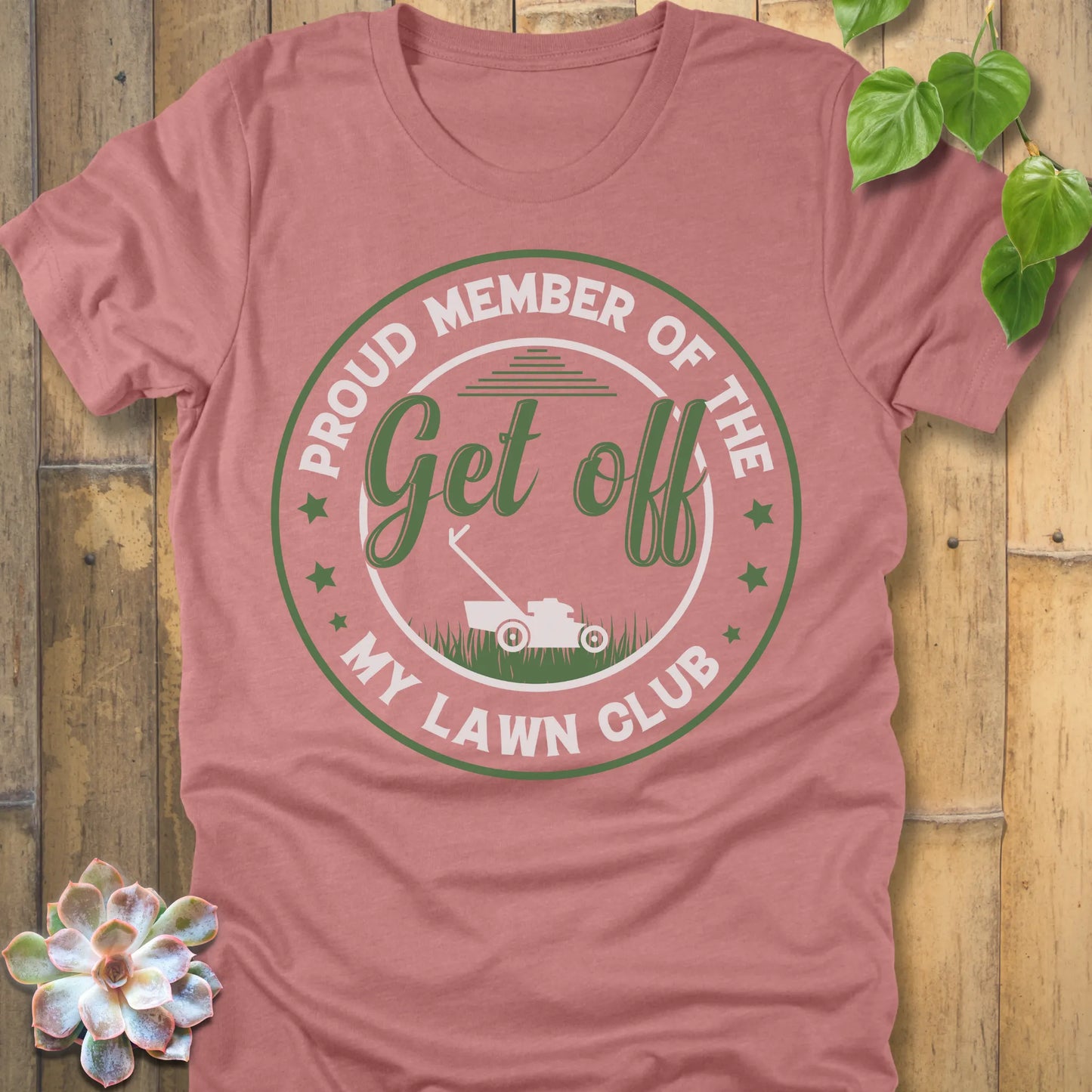 Heather Mauve t-shirt featuring the design My Lawn Club printed in bold letters, casual lawn care shirt.