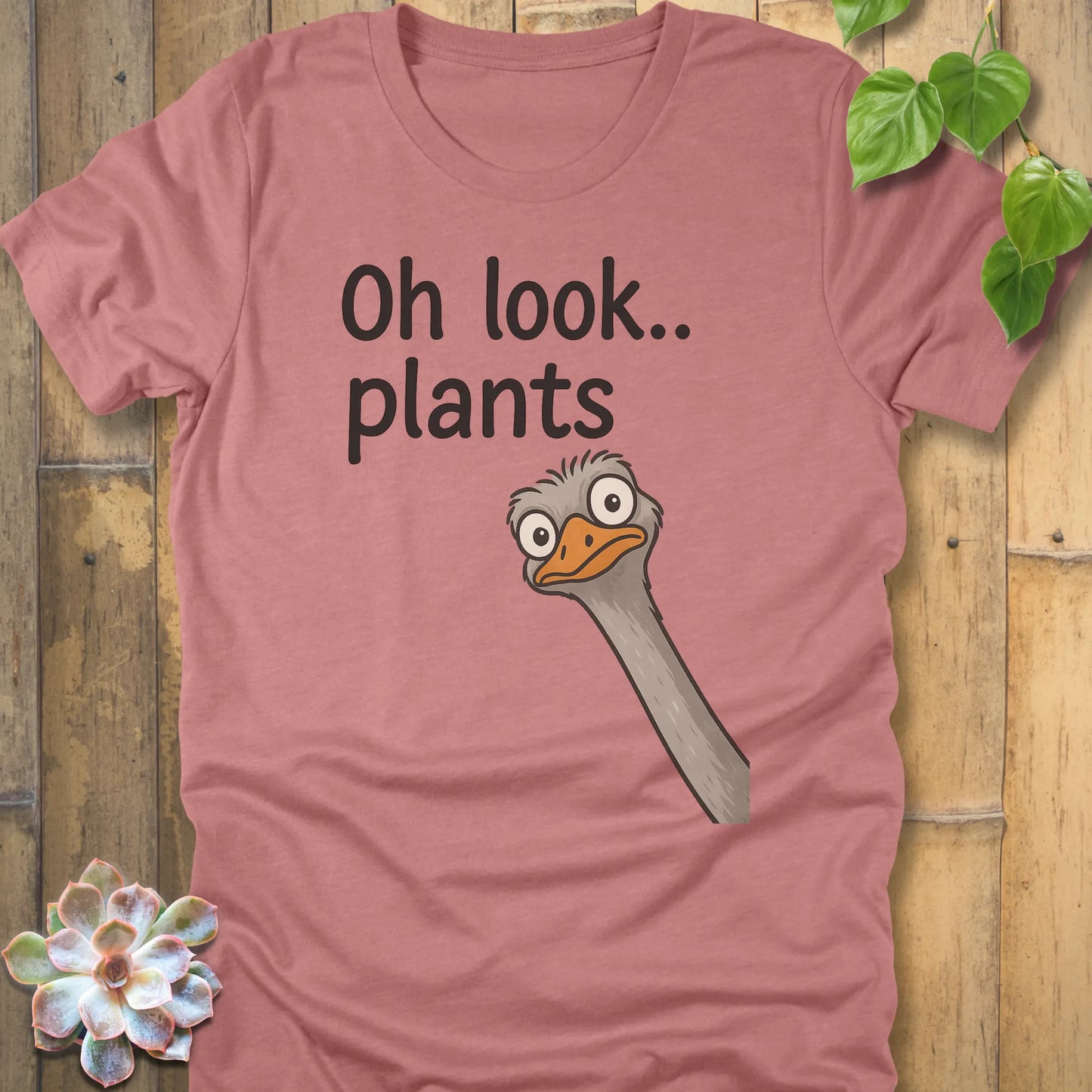 Heather Mauve t-shirt featuring the design Oh Look Plants printed in black letters, with animal.