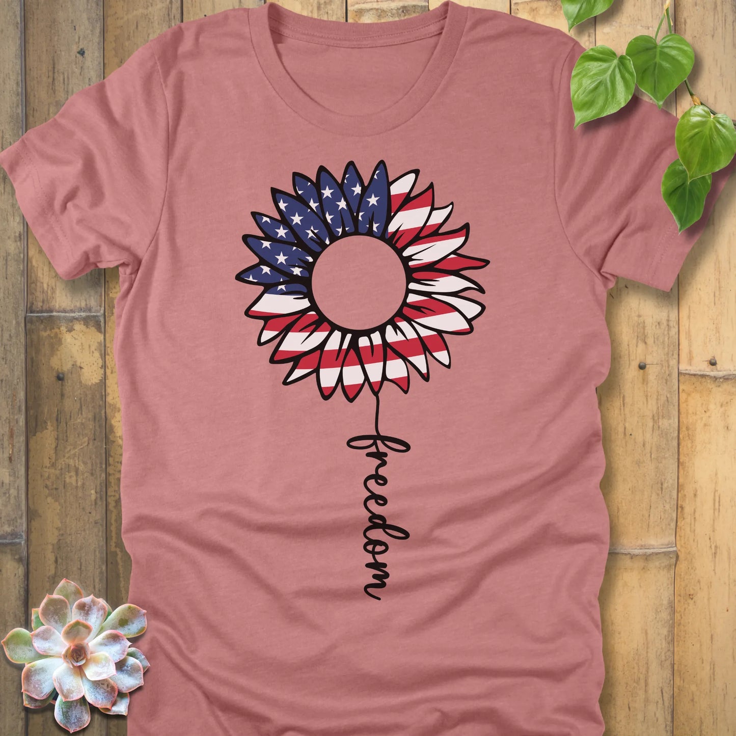 Heather Mauve t-shirt featuring the design Patriotic Sunflower printed white and blue, USA flower shirt.